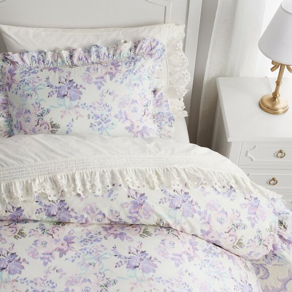 LoveShackFancy Lavender Damask Double Ruffle Edge Duvet Full Queen Floral Purple - Picture 1 of 5